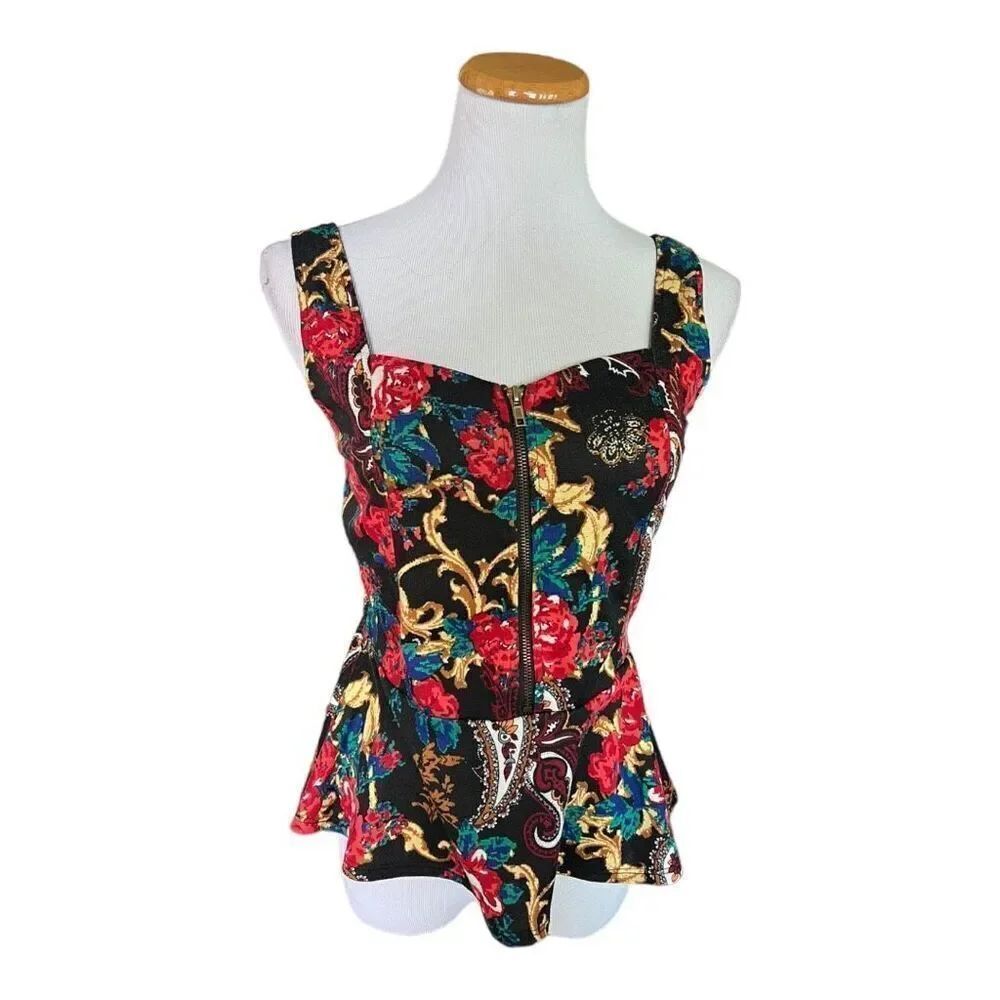 Womens Dots Floral Print Sleeveless Peplum Weekend Chic Blouse Top - Sz S